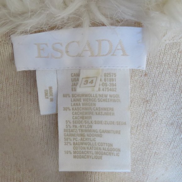 Escada Oatmeal Belted Sweater Jacket Faux Fur Trim - Picture 8 of 9